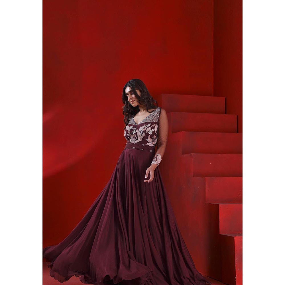 ISHA GUPTA TAYAL Wine Mahagony Wine Embroidered Anarkali and Dupatta Set