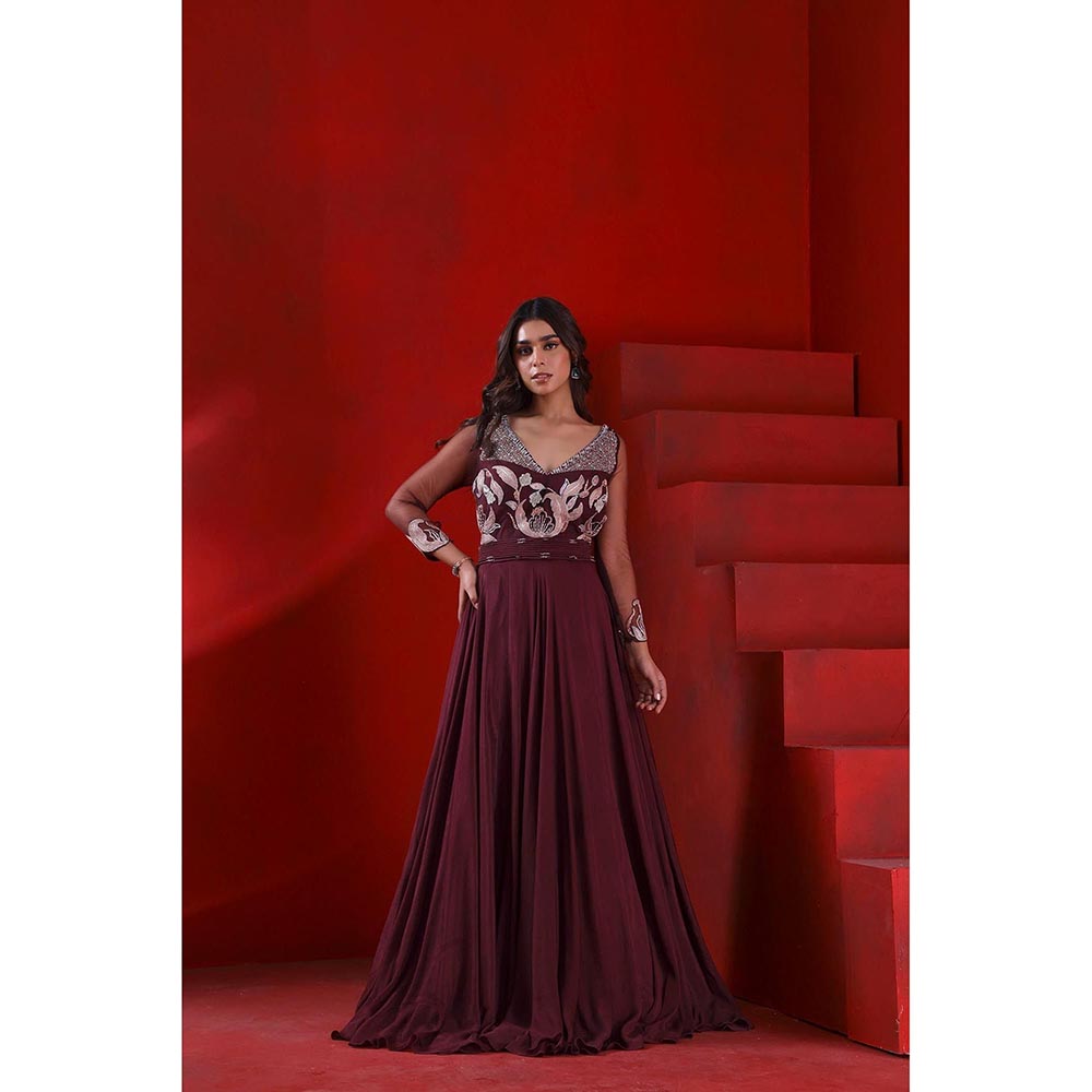 ISHA GUPTA TAYAL Wine Mahagony Wine Embroidered Anarkali and Dupatta Set