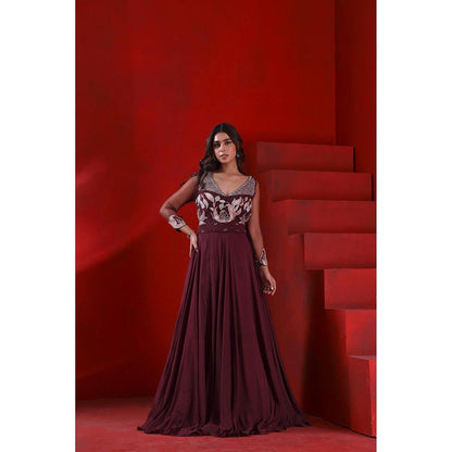 ISHA GUPTA TAYAL Wine Mahagony Wine Embroidered Anarkali and Dupatta Set