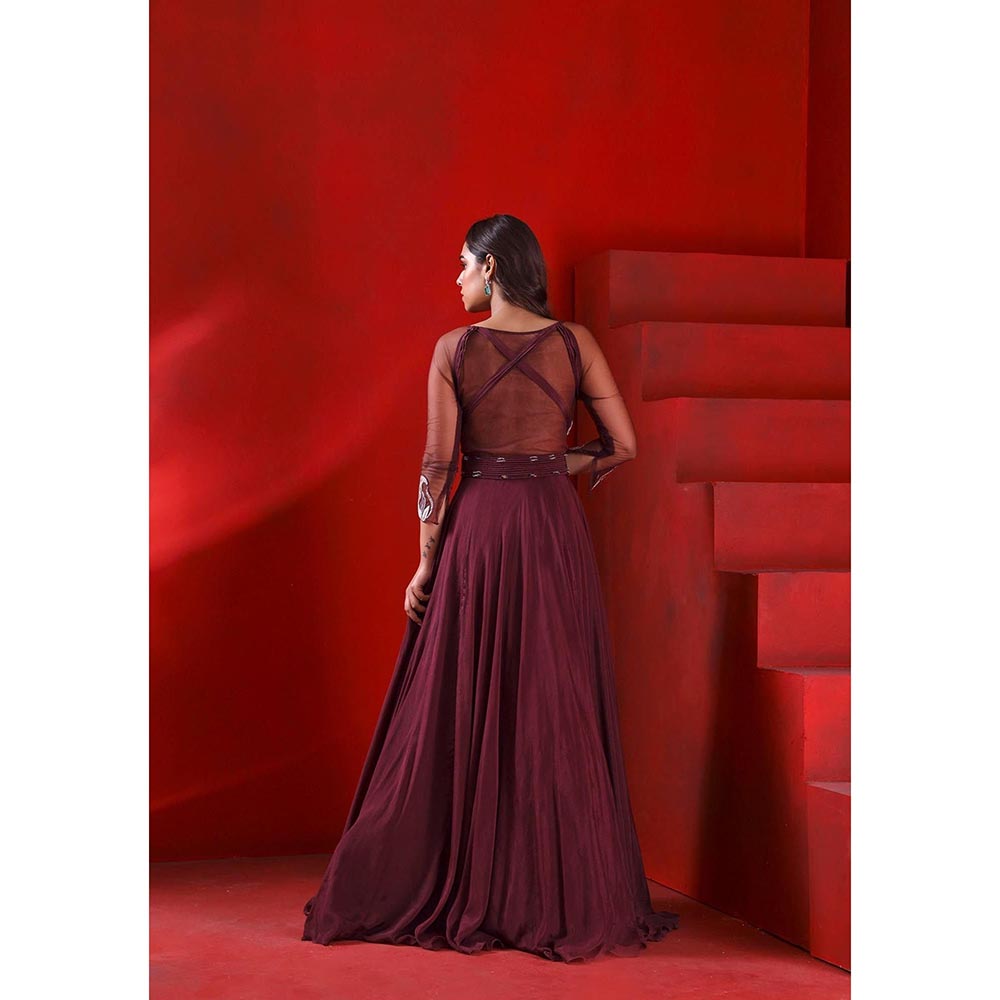 ISHA GUPTA TAYAL Wine Mahagony Wine Embroidered Anarkali and Dupatta Set