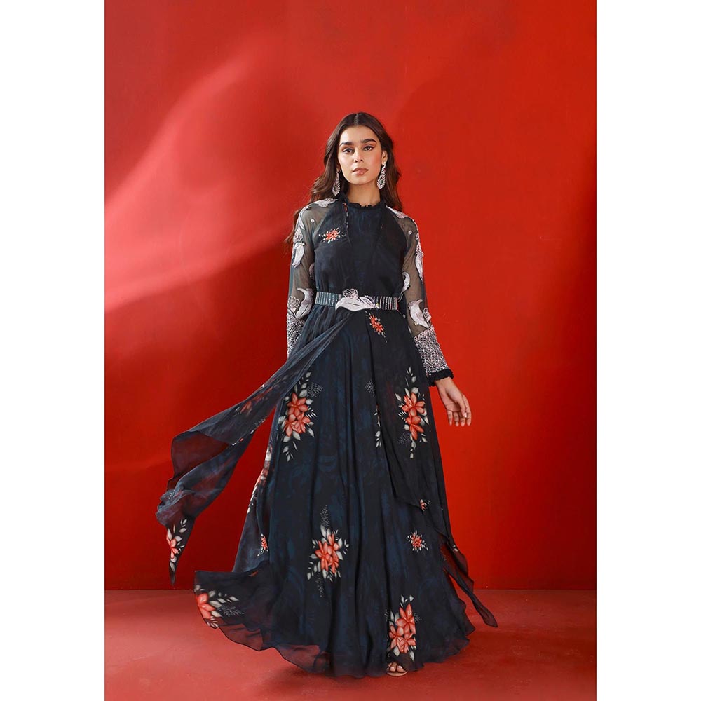 ISHA GUPTA TAYAL Blue Printed and Embroidered Anarkali Dress