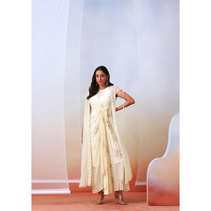 ISHA GUPTA TAYAL Off White Printed Drape Dress with Embellished Cape