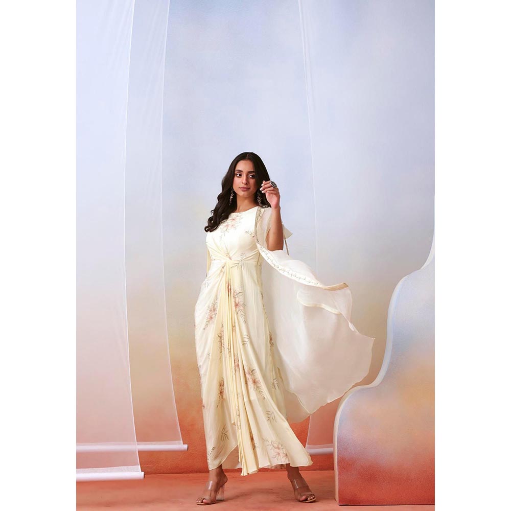ISHA GUPTA TAYAL Off White Printed Drape Dress with Embellished Cape