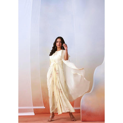 ISHA GUPTA TAYAL Off White Printed Drape Dress with Embellished Cape