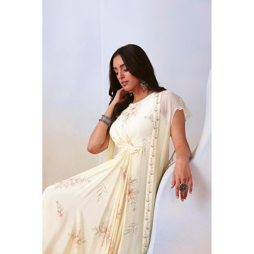 ISHA GUPTA TAYAL Off White Printed Drape Dress with Embellished Cape