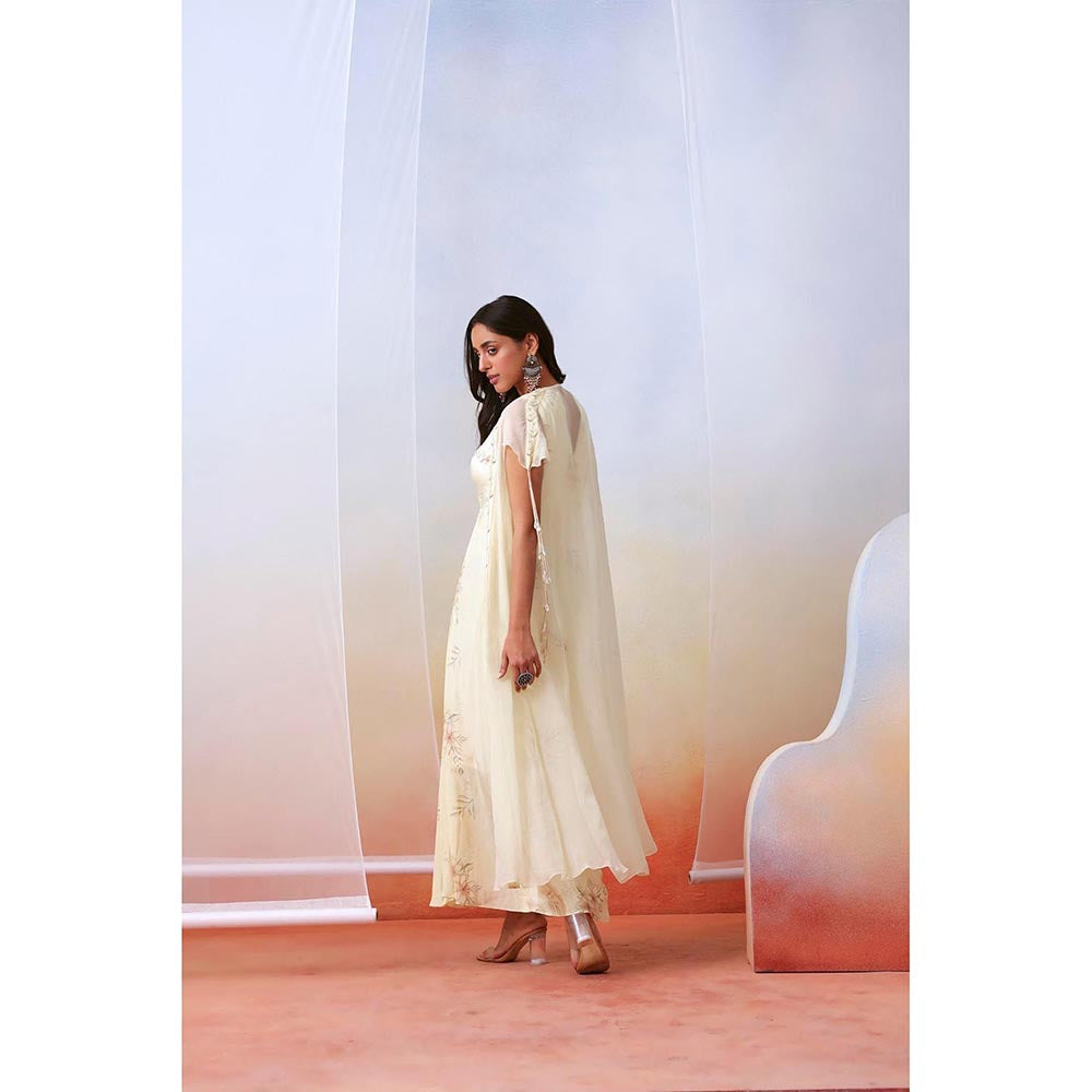 ISHA GUPTA TAYAL Off White Printed Drape Dress with Embellished Cape