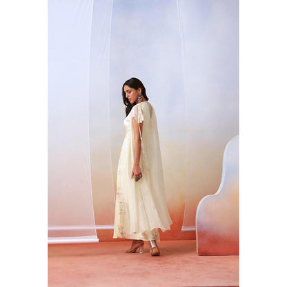 ISHA GUPTA TAYAL Off White Printed Drape Dress with Embellished Cape