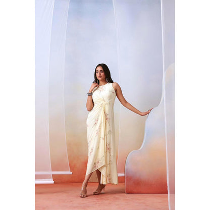 ISHA GUPTA TAYAL Off White Floral Printed Drape Dress