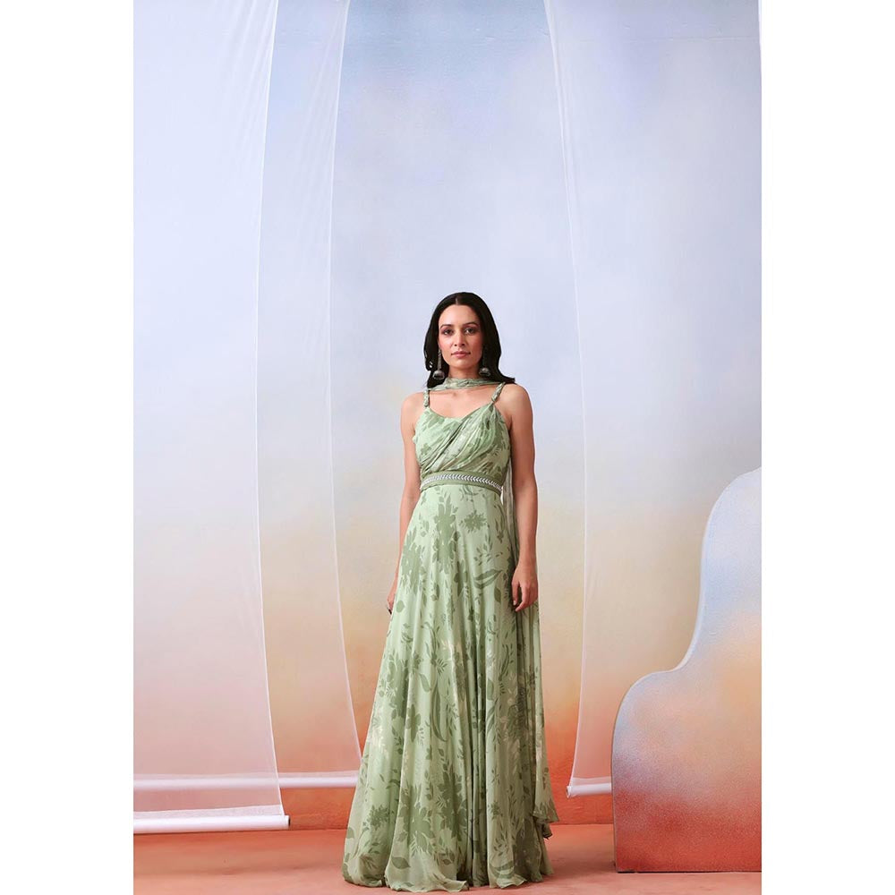 ISHA GUPTA TAYAL Green Printed Drape Gown and Dupatta with Belt Set