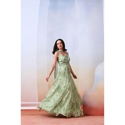 ISHA GUPTA TAYAL Green Printed Drape Gown and Dupatta with Belt Set