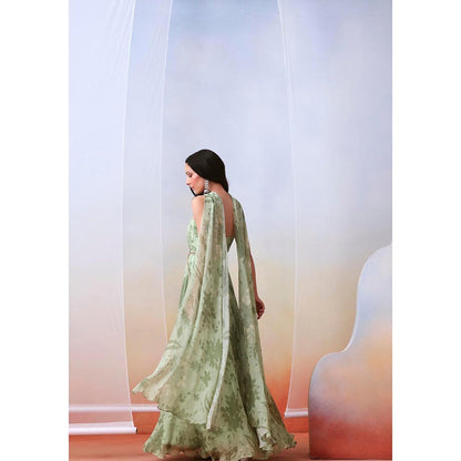 ISHA GUPTA TAYAL Green Printed Drape Gown and Dupatta with Belt Set