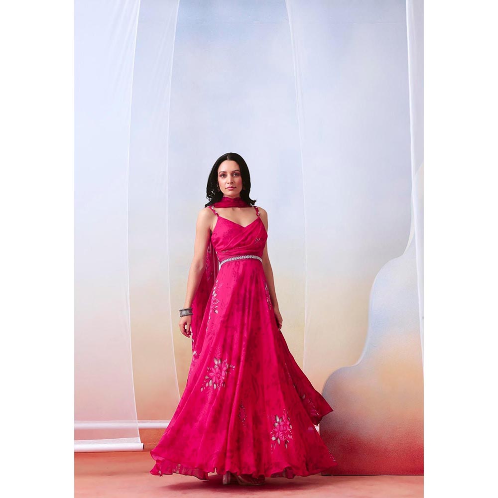 ISHA GUPTA TAYAL Pink Pink Printed Drape Anarkali and Dupatta Set with Belt
