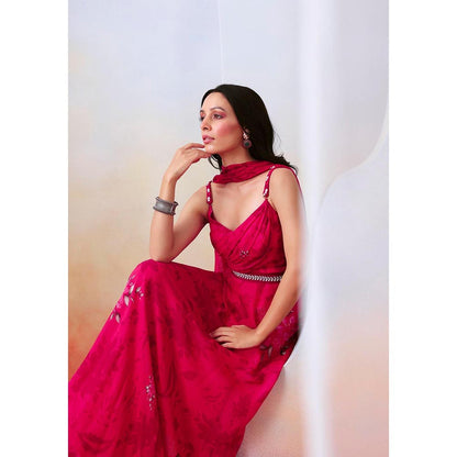 ISHA GUPTA TAYAL Pink Pink Printed Drape Anarkali and Dupatta Set with Belt