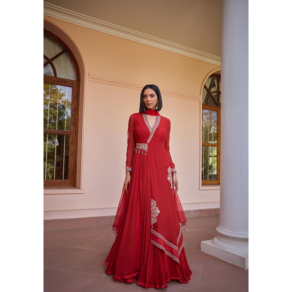 ISHA GUPTA TAYAL Red Gulnar Anarkali Gown and Dupqtta