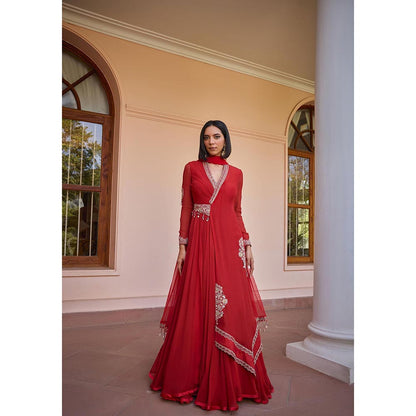 ISHA GUPTA TAYAL Red Gulnar Anarkali Gown and Dupqtta