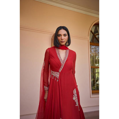 ISHA GUPTA TAYAL Red Gulnar Anarkali Gown and Dupqtta