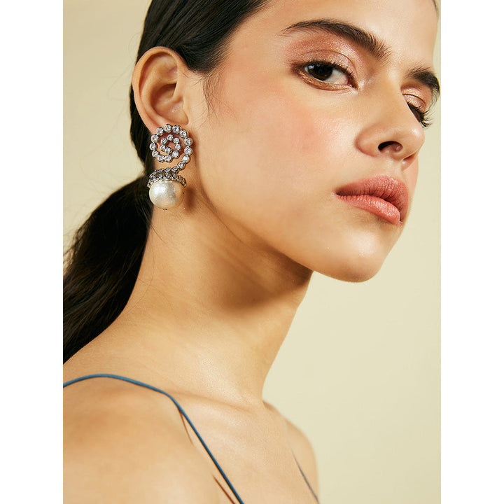 Isharya Crystal Swirl Pearl Drop Earrings Silver In 18K Gold Plated