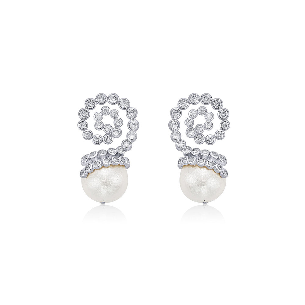 Isharya Crystal Swirl Pearl Drop Earrings Silver In 18K Gold Plated