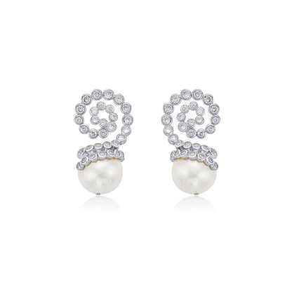 Isharya Crystal Swirl Pearl Drop Earrings Silver In 18K Gold Plated