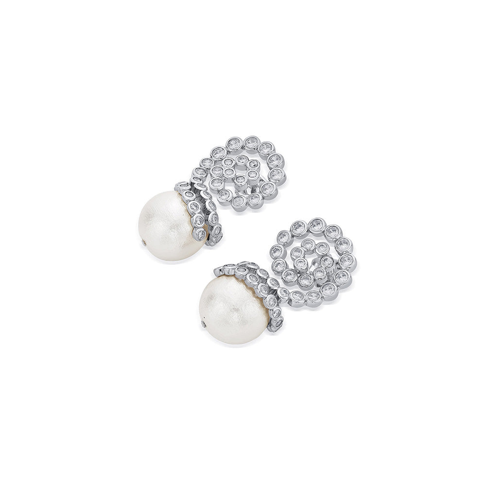 Isharya Crystal Swirl Pearl Drop Earrings Silver In 18K Gold Plated