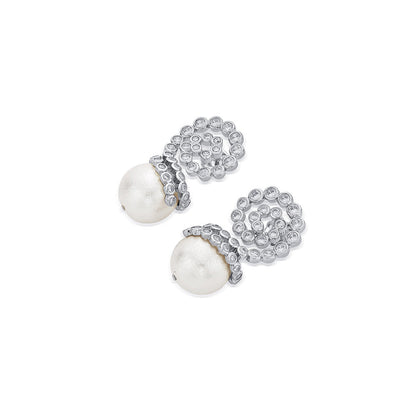 Isharya Crystal Swirl Pearl Drop Earrings Silver In 18K Gold Plated