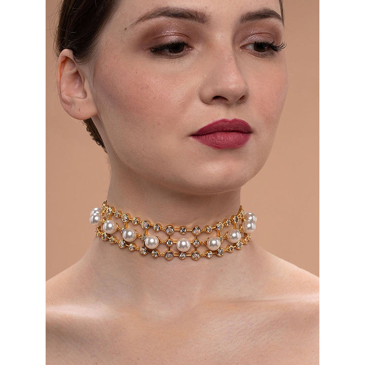 Isharya Amara Pearl CZ Choker Necklace in 18kt Gold Plated