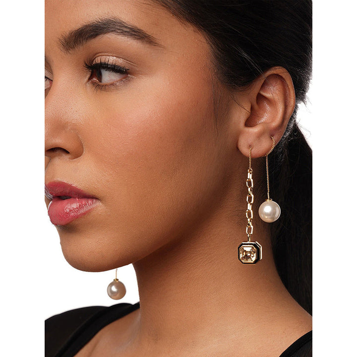 Isharya Bougie Crystal and Pearl Threader Earrings In 18Kt Gold Plated