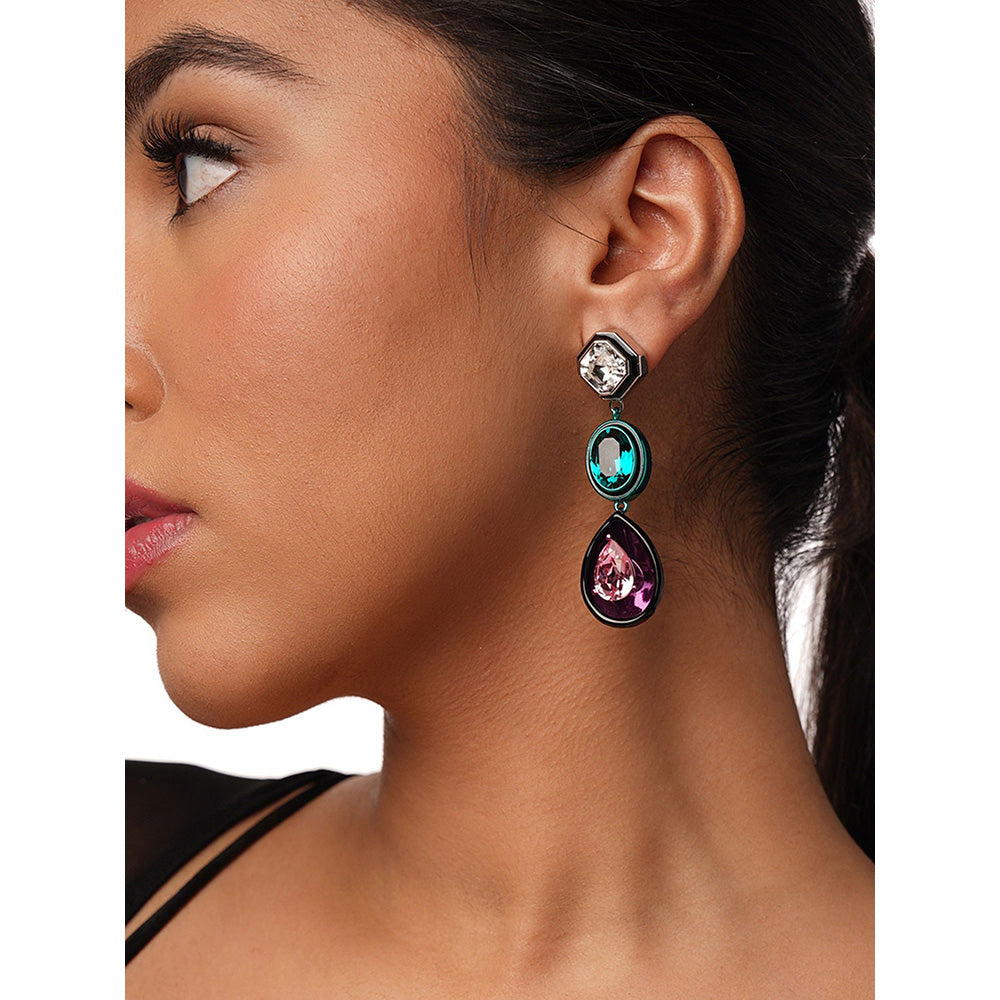 Isharya Banger Mismatch Multi-Crystal Earrings In Rhodium Plated