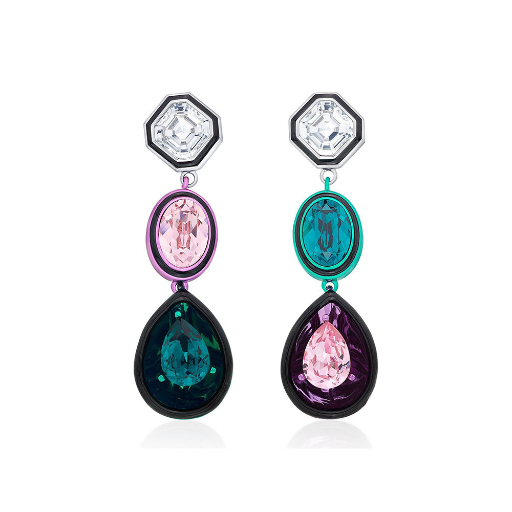 Isharya Banger Mismatch Multi-Crystal Earrings In Rhodium Plated