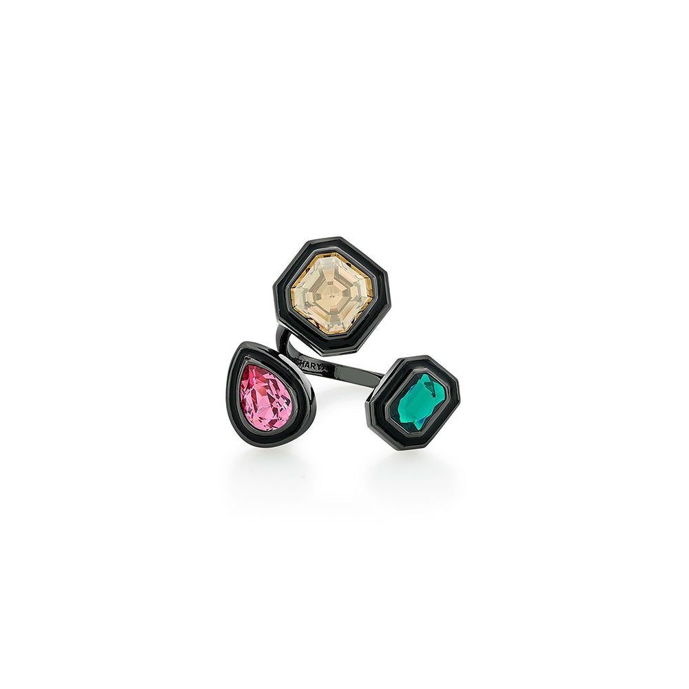 Isharya Banger Multi-Crystal Ring In Black Plated