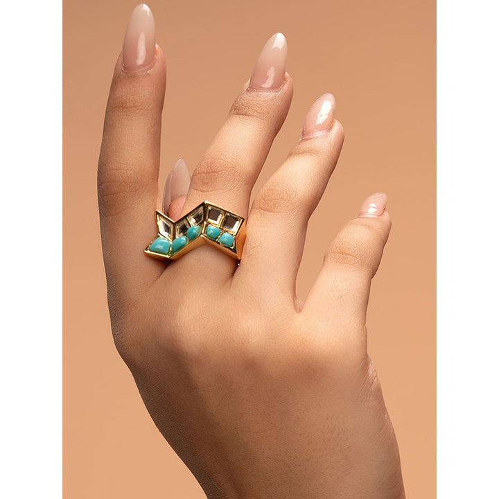 Isharya Glow Turquoise Zigzag Ring In 18Kt Gold Plated