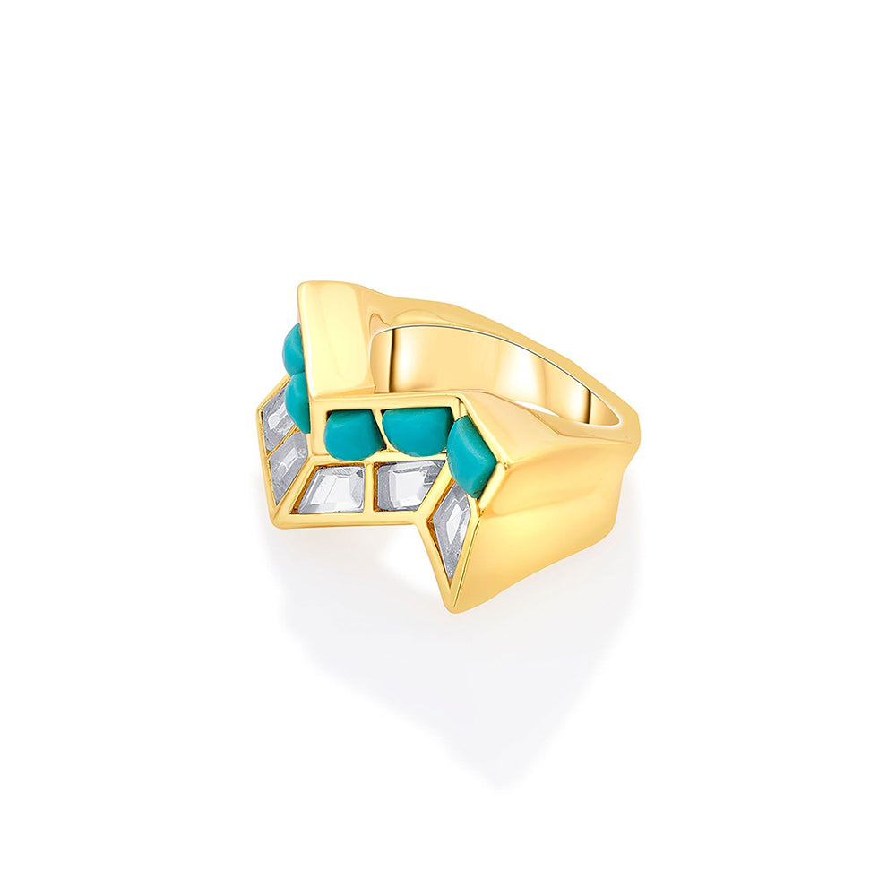 Isharya Glow Turquoise Zigzag Ring In 18Kt Gold Plated