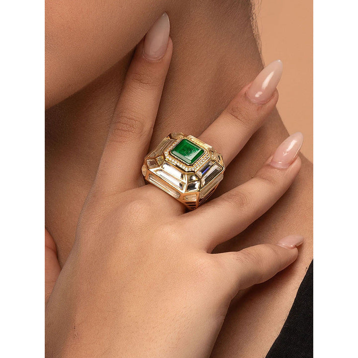 Isharya Fiesta Hydro Emerald Deco Ring In 18Kt Gold Plated