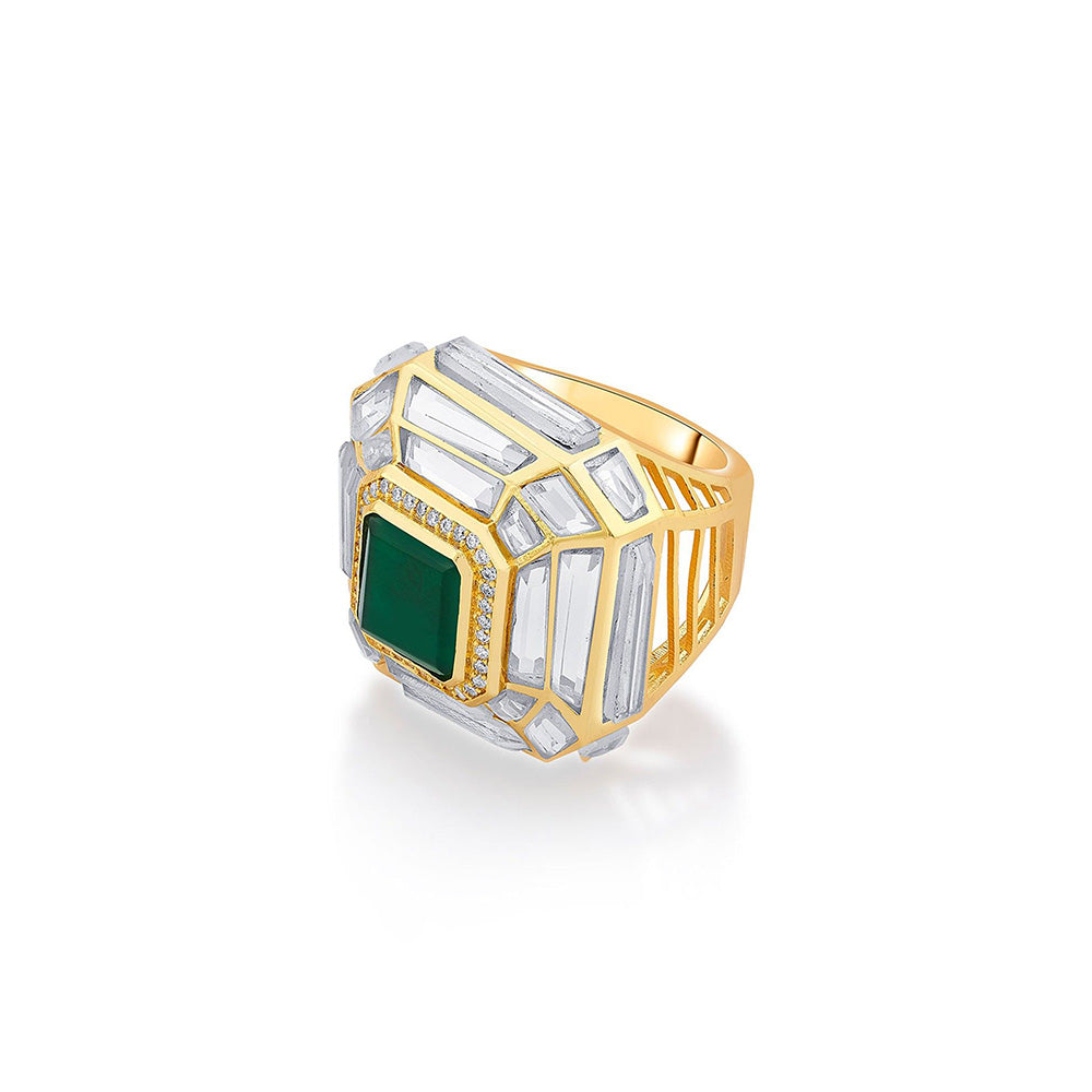 Isharya Fiesta Hydro Emerald Deco Ring In 18Kt Gold Plated