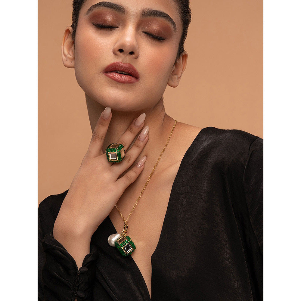 Isharya Hydro Emerald Dice Ring In 18Kt Gold Plated