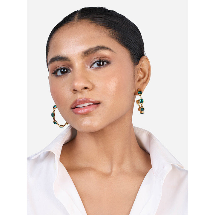 Isharya Jungle Green Crystal Hoop Earrings In 18KT Gold and Signature Colored Plating