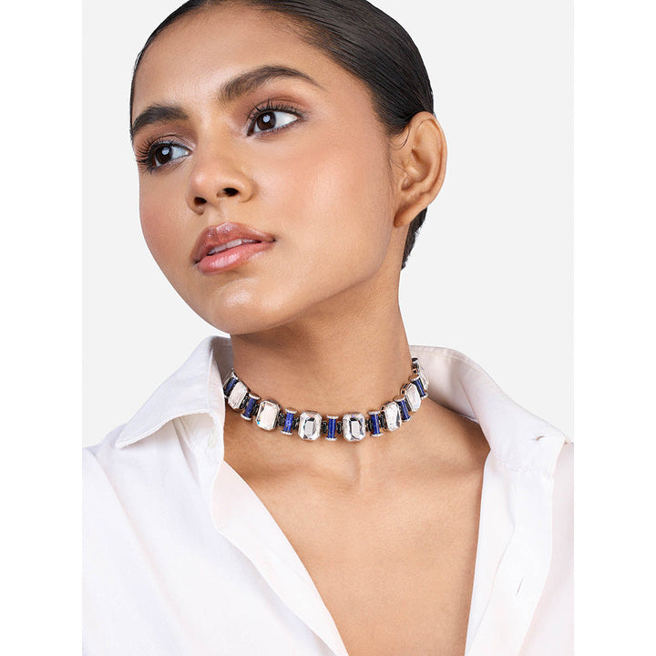 Isharya Digital Blue Crystal Choker In Rhodium and Signature Colored Plating