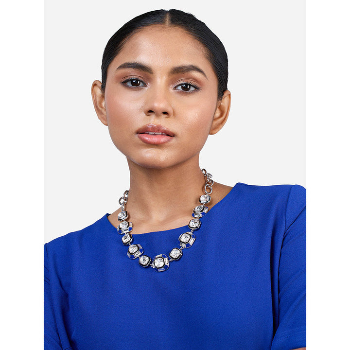 Isharya Digital Blue Crystal Necklace In Rhodium and Signature Colored Plating