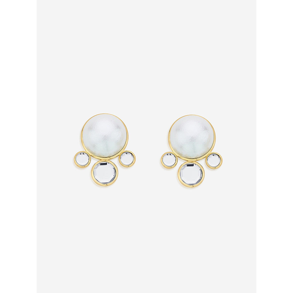 Isharya Ayaana Pearl & Surrounded Mirrors Stud In 18KT Gold Plated