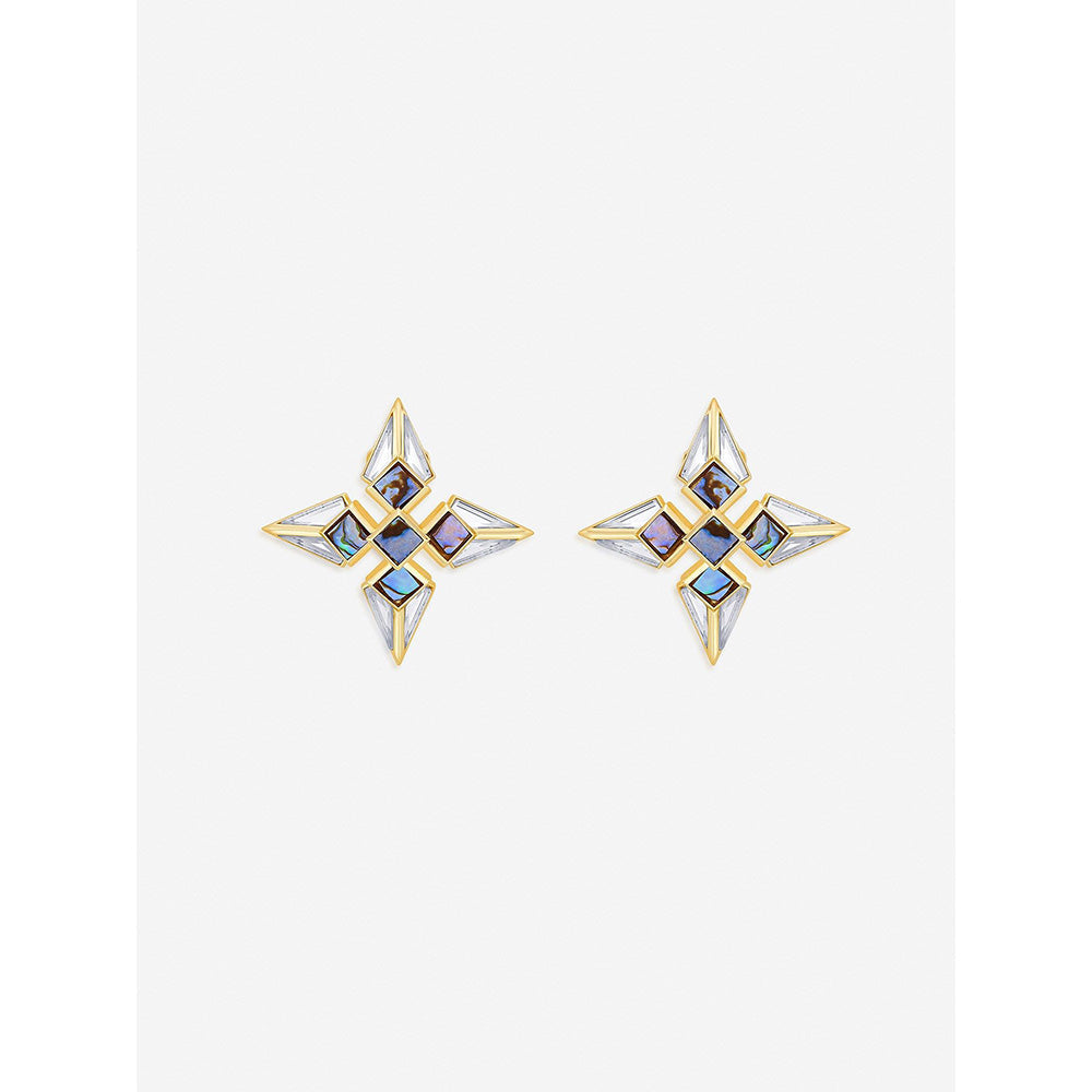 Isharya Demi Goddess Mirror and Mother of Pearl Stud Earrings In Silver Plating