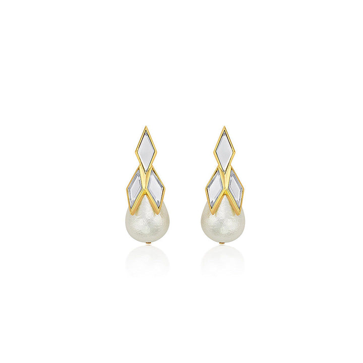 Isharya Demi Goddess Rhombus Mirror & Pearl Drop Earrings In 18KT Gold Plated