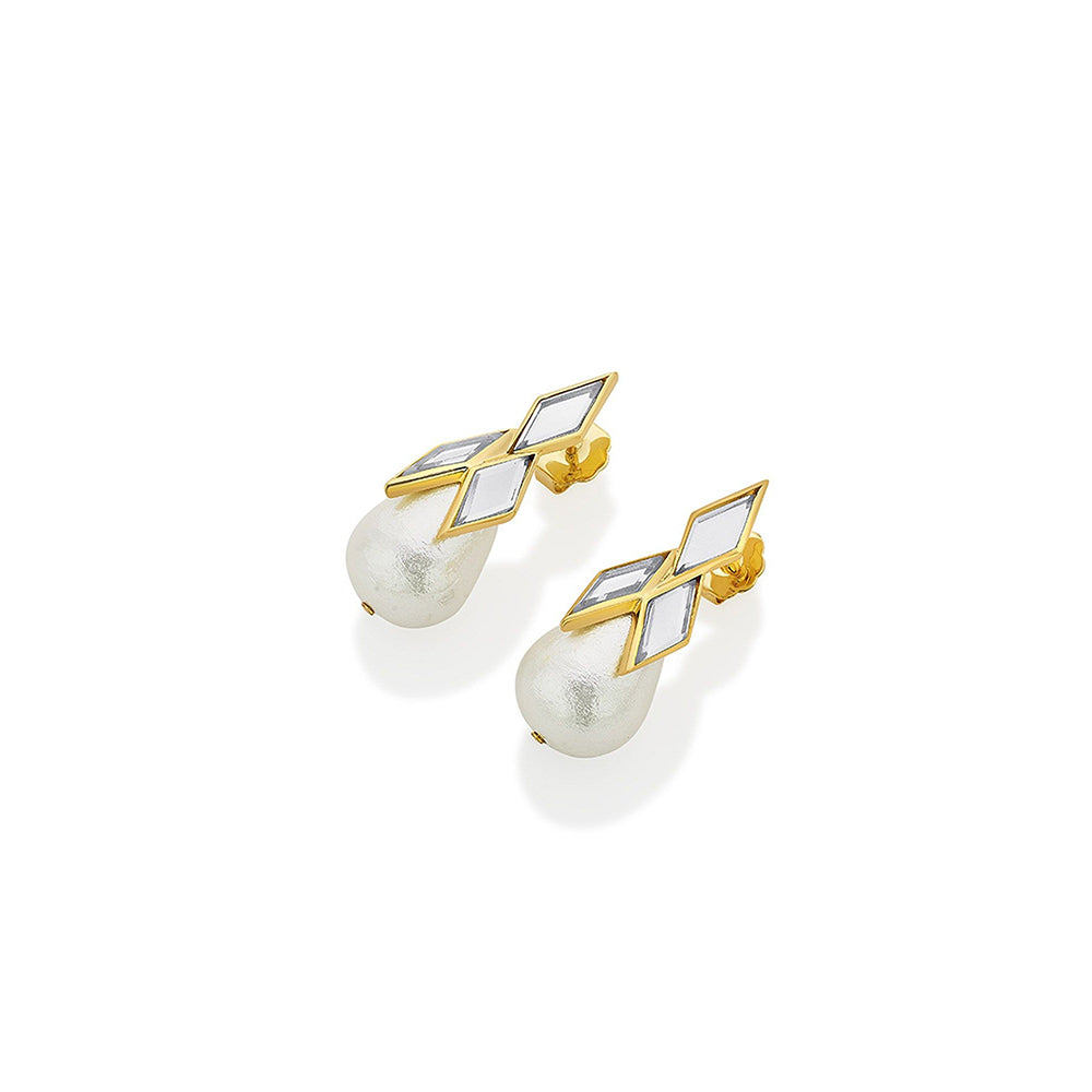 Isharya Demi Goddess Rhombus Mirror & Pearl Drop Earrings In 18KT Gold Plated