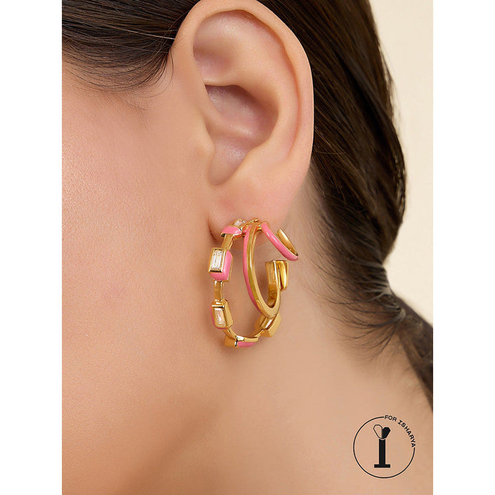 Isharya Pink Enamel Triple Hoops In 18Kt Gold Plated