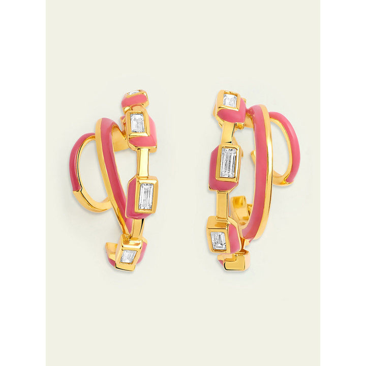 Isharya Pink Enamel Triple Hoops In 18Kt Gold Plated