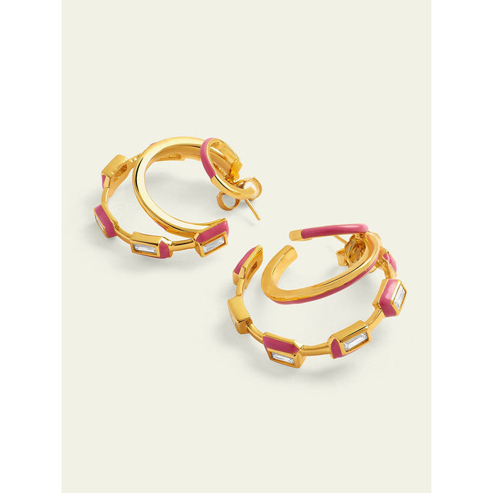 Isharya Pink Enamel Triple Hoops In 18Kt Gold Plated