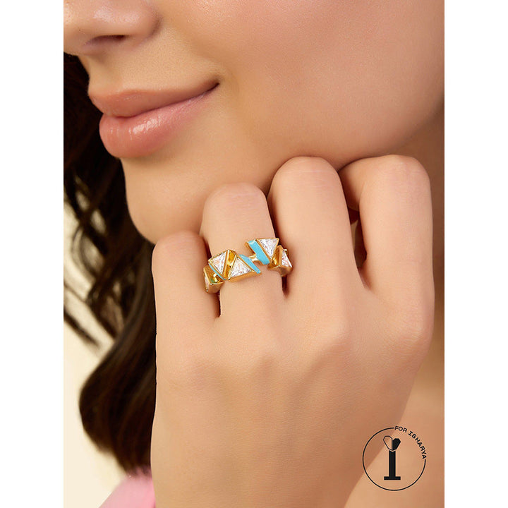 Isharya Blue Triangles Infinity Ring In 18Kt Gold Plated