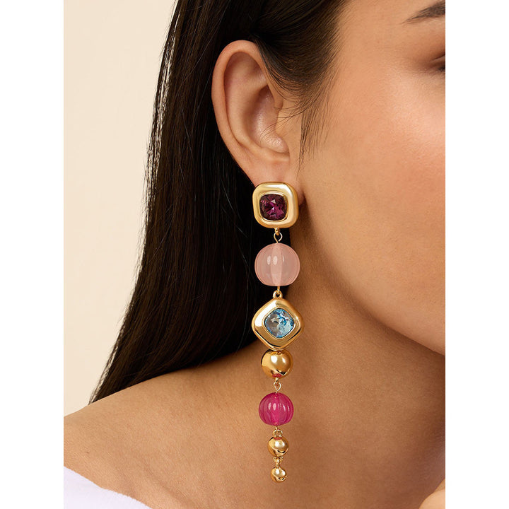 Isharya Long Pink & Aqua Danglers in 18Kt Gold Plated Earrings