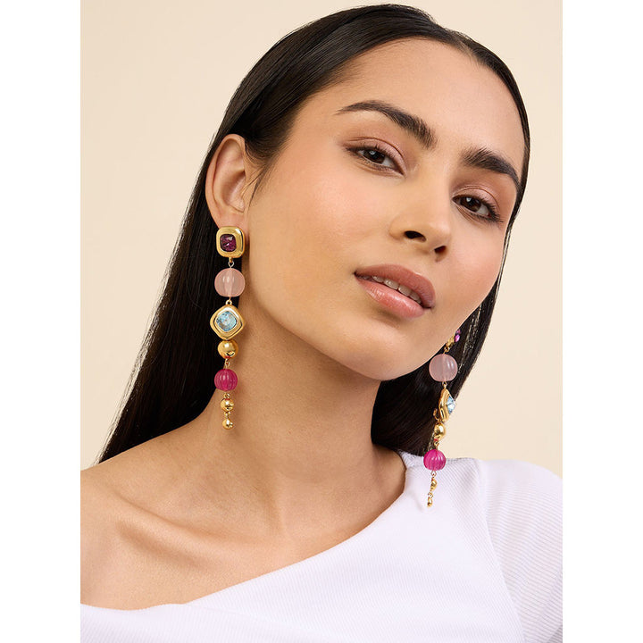 Isharya Long Pink & Aqua Danglers in 18Kt Gold Plated Earrings