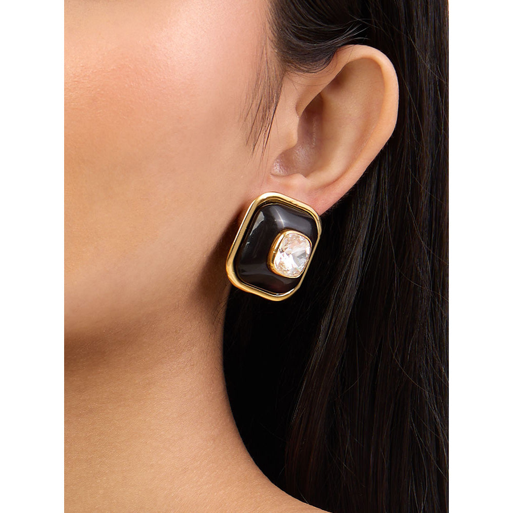 Isharya Black Resin Crystal in 18Kt Gold Plated Earrings