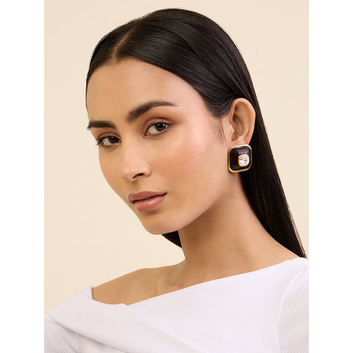 Isharya Black Resin Crystal in 18Kt Gold Plated Earrings